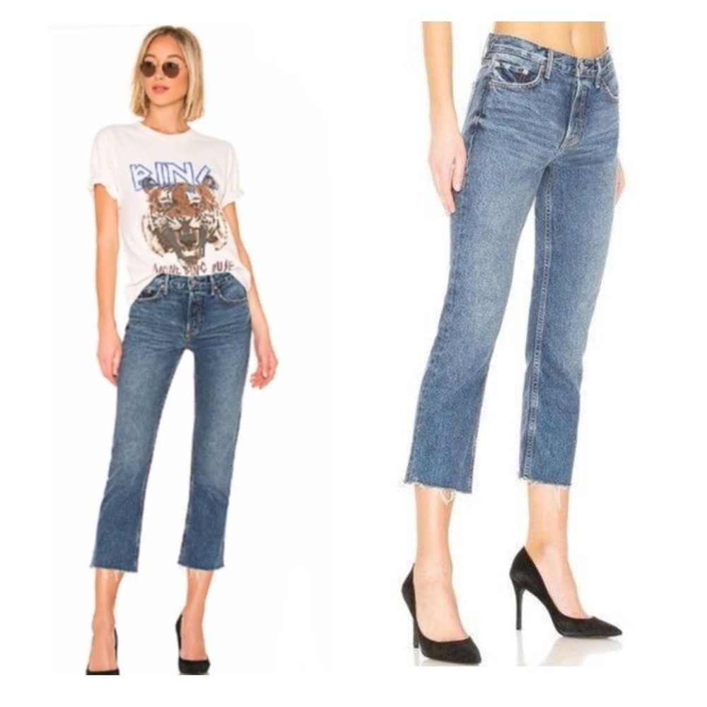 GRLFRND Tatum Crop Flare Distressed Raw Hem Boho Jeans Sz 31